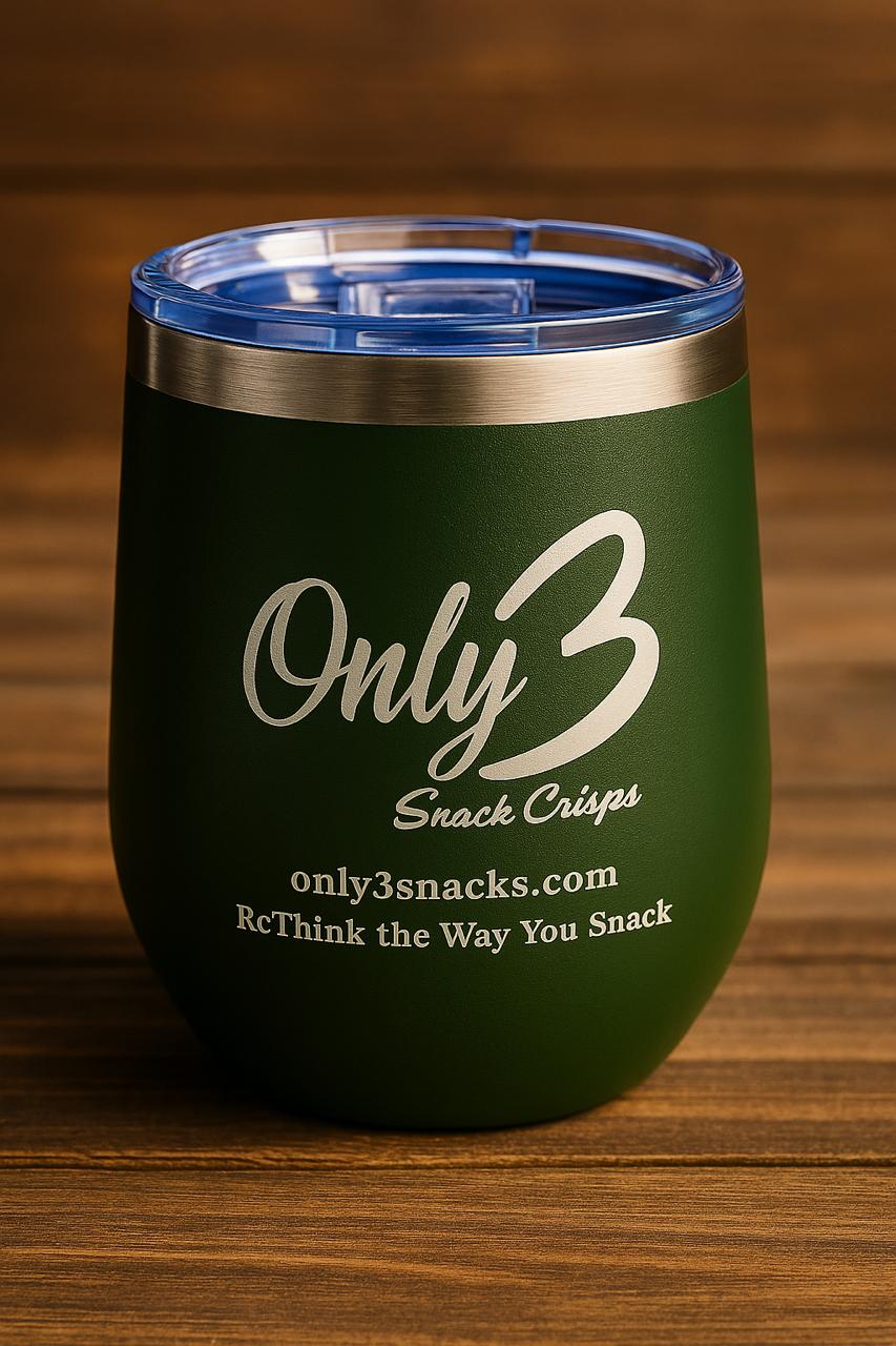A green stainless steel tumbler with Only3Snacks logo.