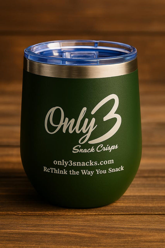 A green stainless steel tumbler with Only3Snacks logo.